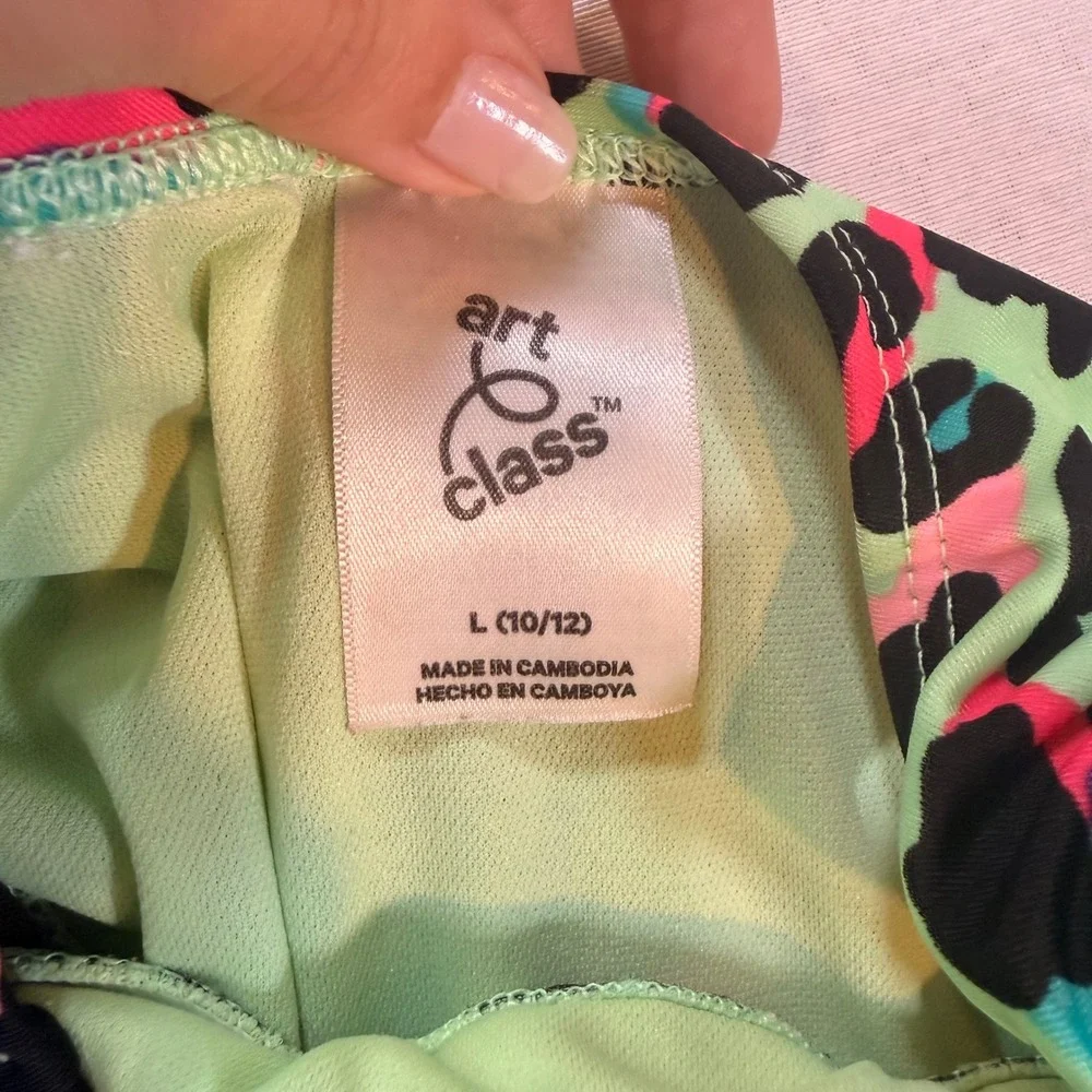 Art Class One Piece Swimsuit Kids L 10/12 Black Neon Leopard Cutout 90s Inspired